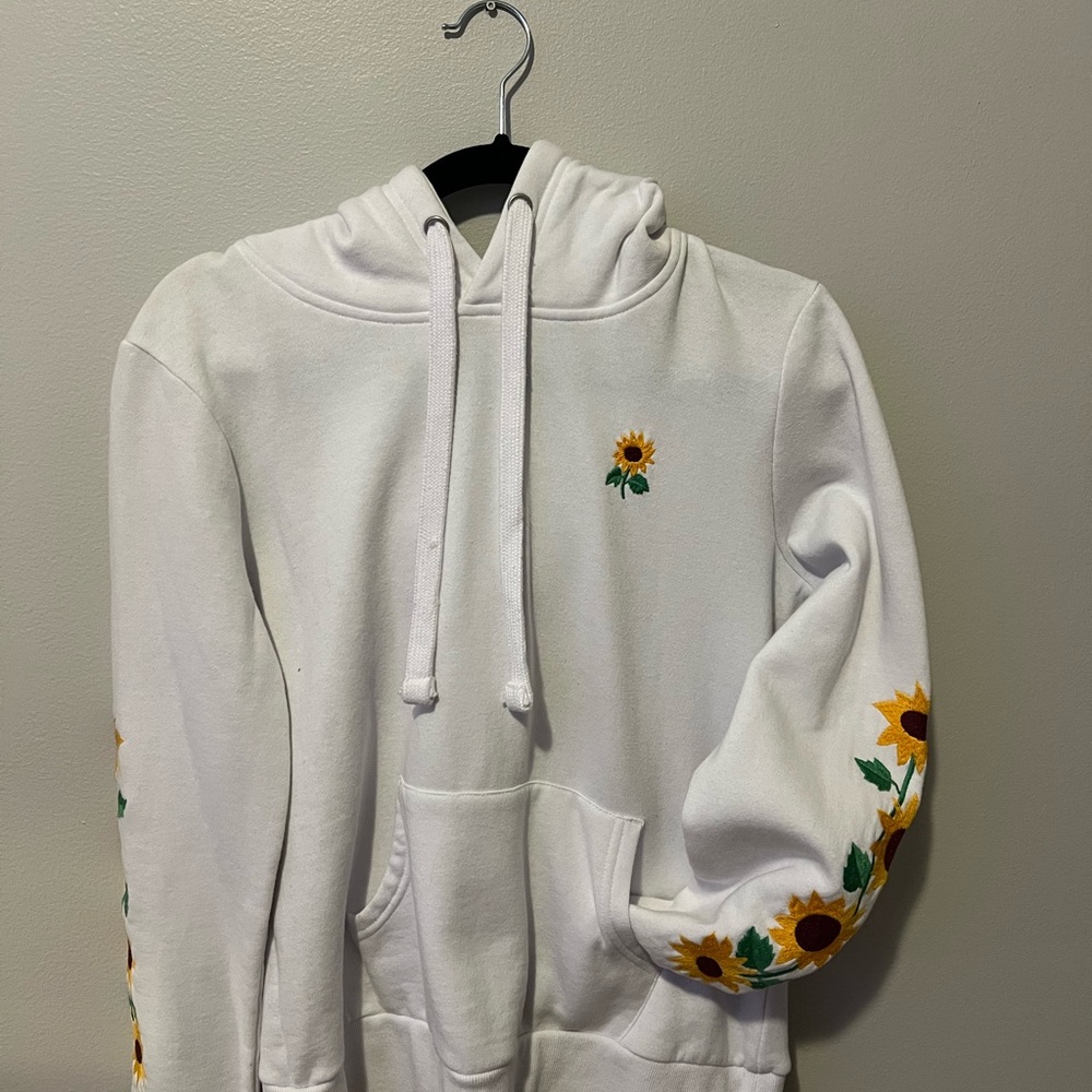 White Hoodie with Sunflower Embroidery